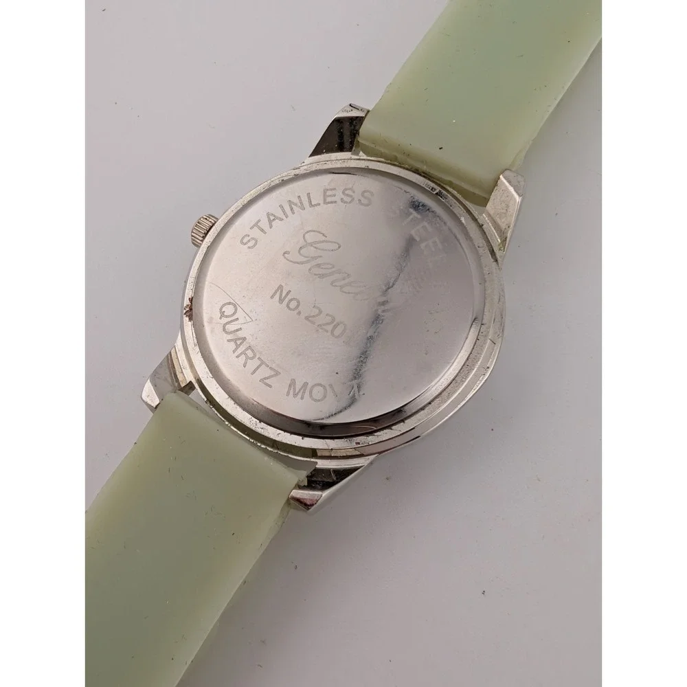 Geneva Watch Women 36mm Silver Case Light Green Silicone Band- New Battery